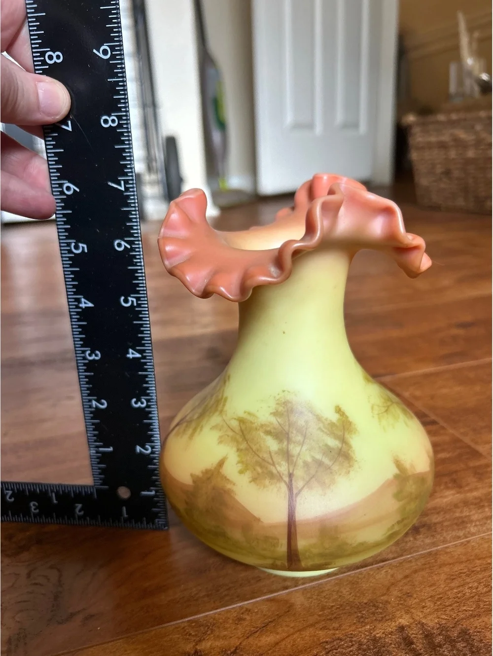 Hand-Painted Louise Piper Ruffled Top Table Vase with Landscape Design